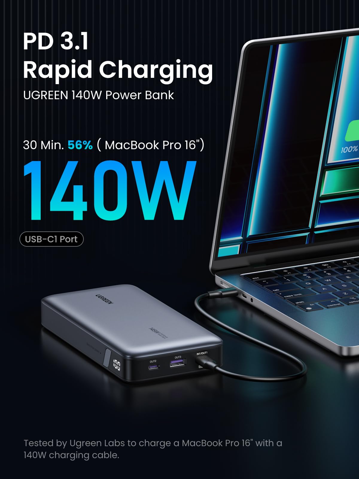 (Bundle) 145W Power Bank + 3.3FT 100W USB-C Cable 2 Pack